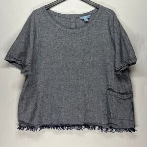 Prosecco Blouse Top Women's XL Blue Linen Blend Frayed Hem Lagenlook Boho Pocket